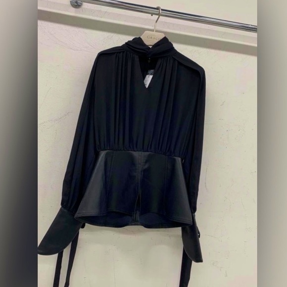 Peplum leather mixed media top GRACIA style T31697 - Picture 1 of 3